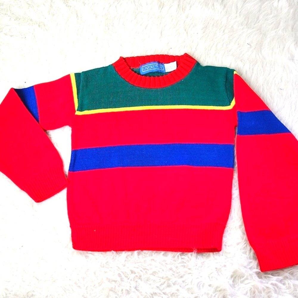 Vintage boy's crewneck striped sweater - fair Isle red green blue 8 medium
